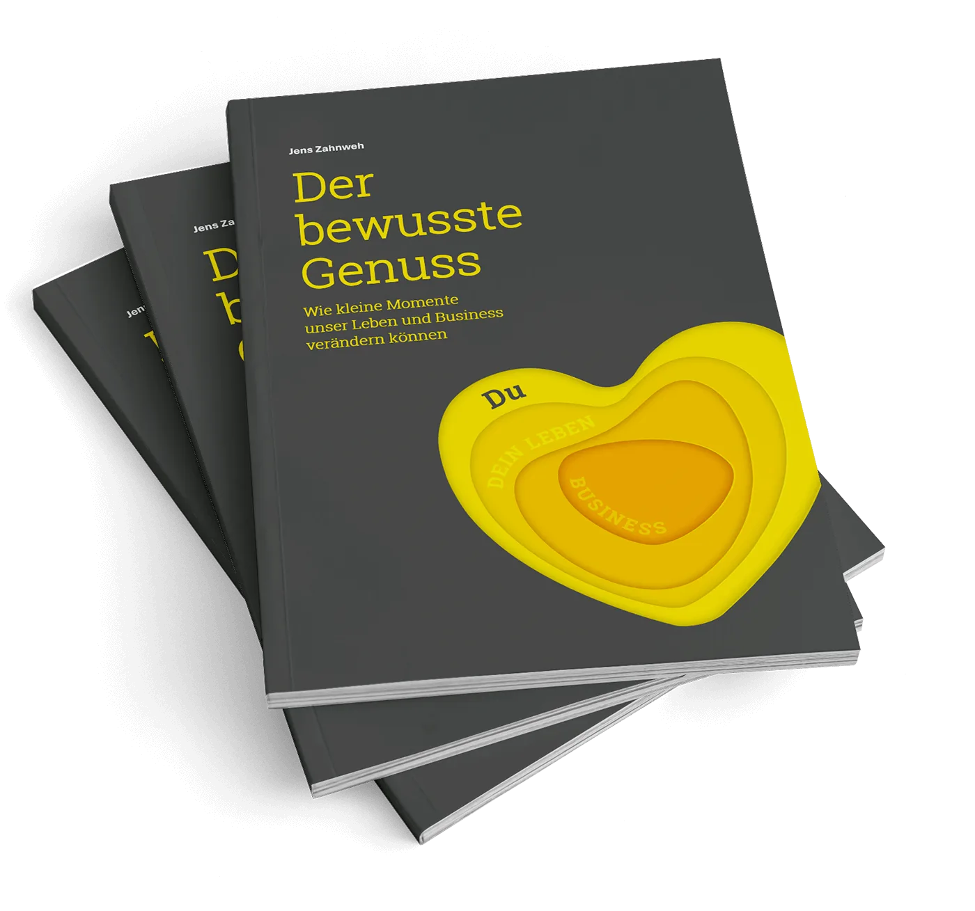 Mockup von drei gestapelten Buch-Covers: Der bewusste Genuss von Jens Zahnweh, grau mit gelbem Herzdesign