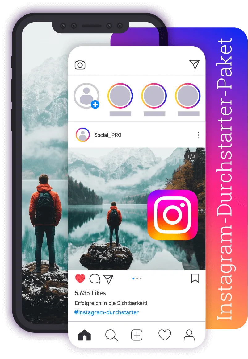 Instagram-Durchstarter-Paket Keyvisual mit Smartphone-Mockup, Profilansicht und Berg-Landschaftsbild