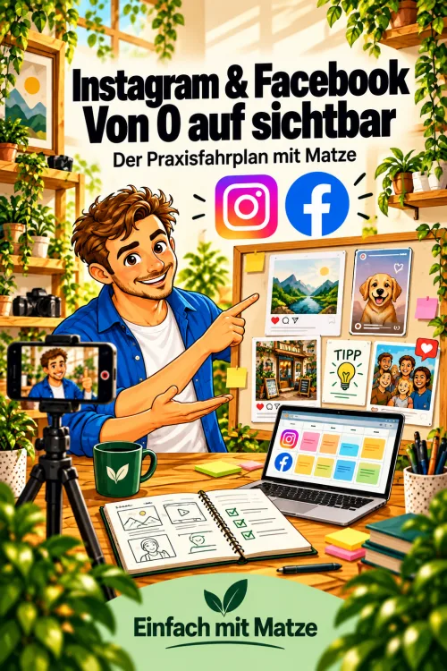 Kurs-Cover Von 0 auf sichtbar mit Matze, Smartphone, Laptop und Social-Media-Inhalte