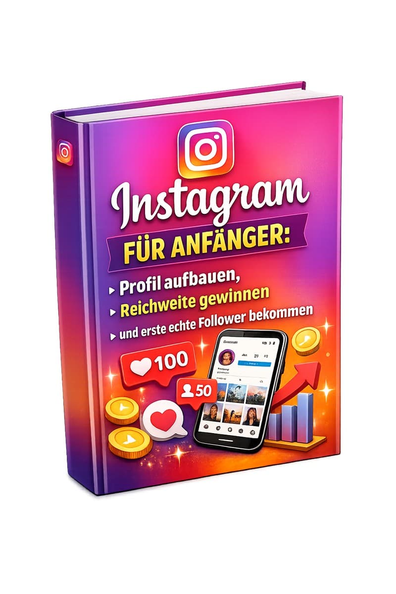 Cover Instagram für Anfänger PDF-Ratgeber mit Smartphone, Likes und Reichweiten-Symbolen