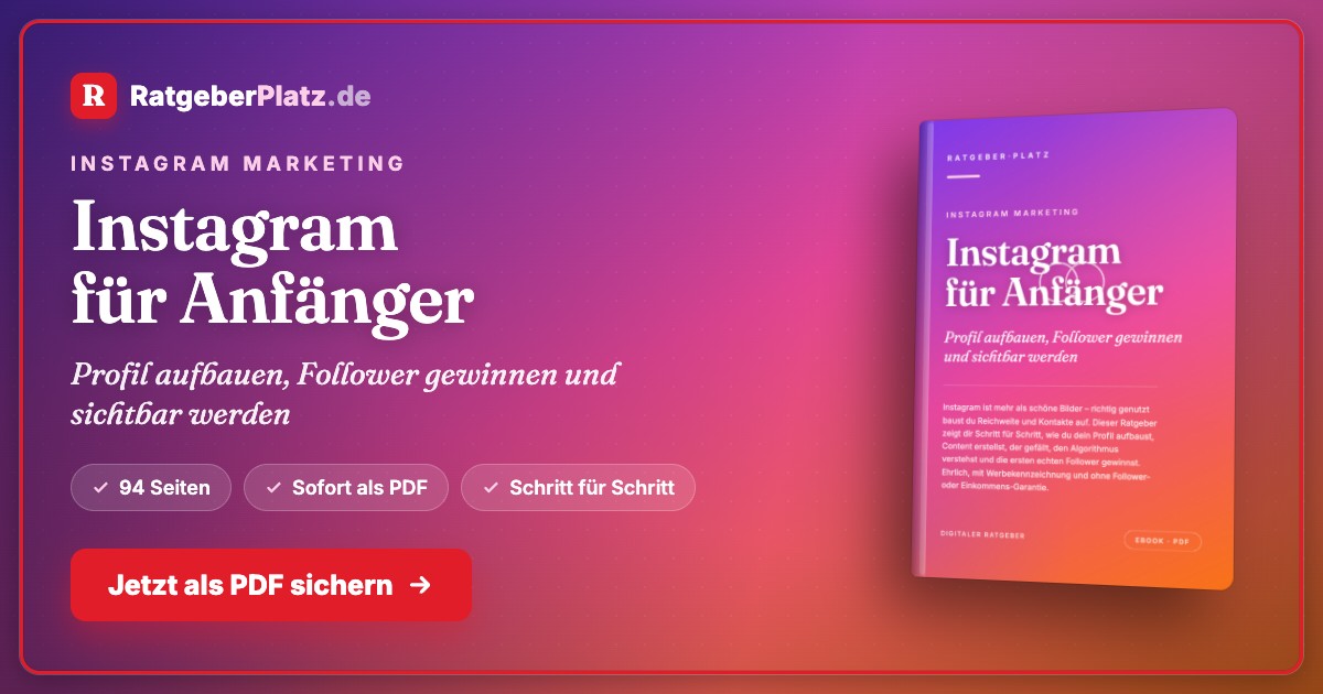 Hero-Banner für Instagram für Anfänger PDF-Ratgeber von RatgeberPlatz mit Buch-Mockup