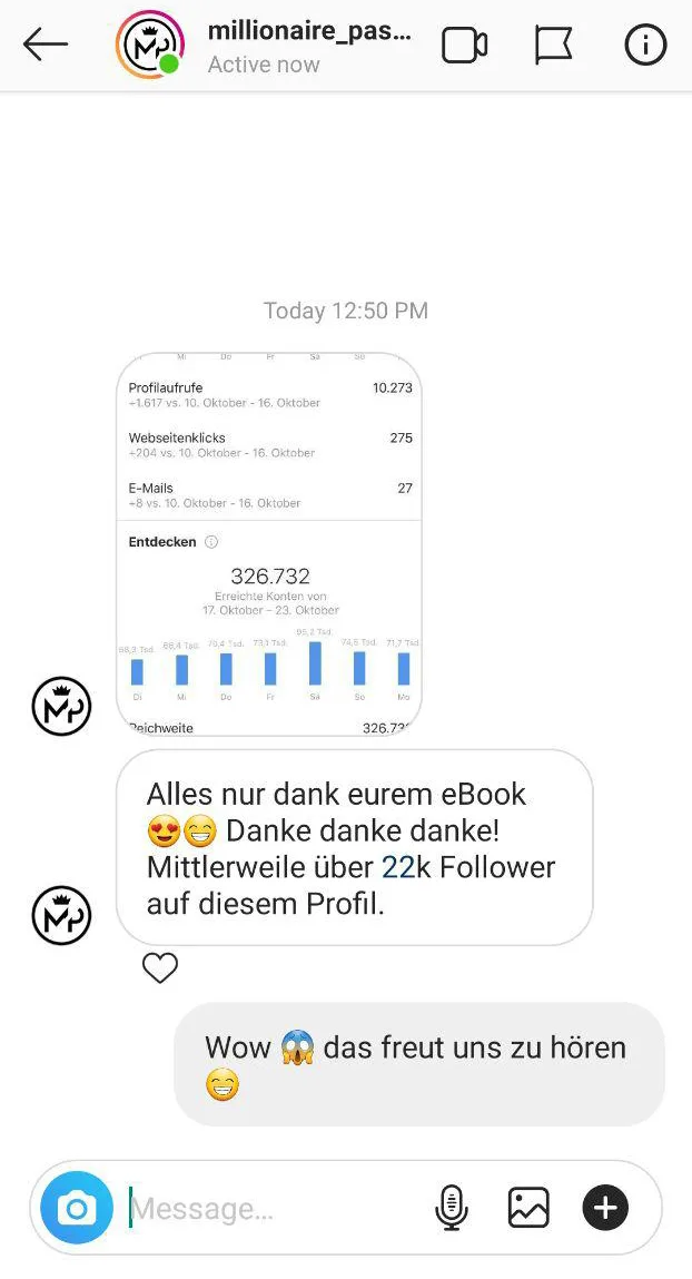 Instagram Direct Message Chat mit Bestätigung über 22k Follower durch eBook