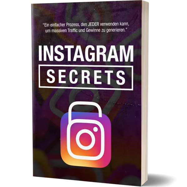 Instagram Secrets Buch-Cover mit violettem Hintergrund und Instagram-Logo als Tasche