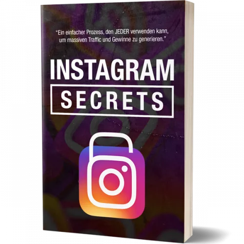 E-Book-Cover Instagram Secrets mit Zitat, weißem Schriftzug und buntem Instagram-Kamera-Logo auf dunklem Hintergrund
