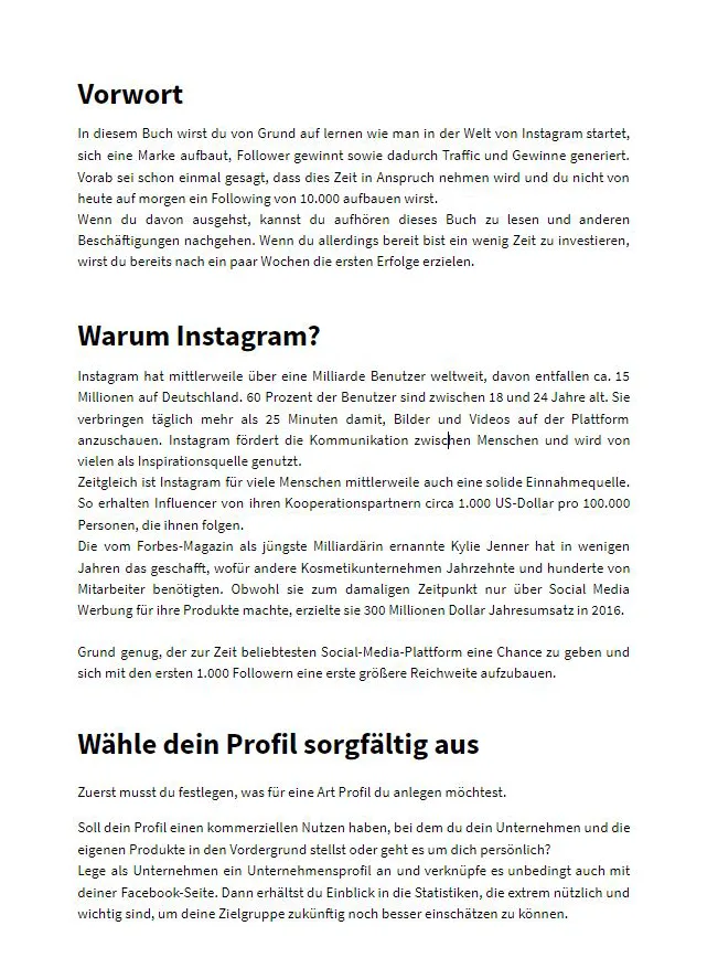 Textseite mit Vorwort und Kapitel Warum Instagram sowie Anleitung zur Profilgestaltung
