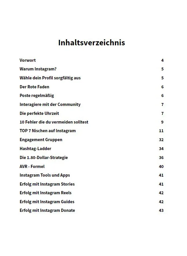 Inhaltsverzeichnis einer Instagram-Anleitung mit 16 Kapiteln von Vorwort bis Erfolg mit Instagram Donate
