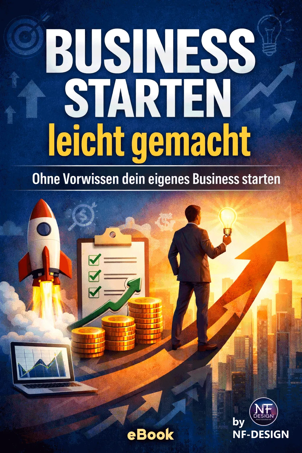 E-Book Cover Business starten leicht gemacht in 1024×1536 mit Geschäftsmann, Rakete, Checkliste, Münzstapel und Aufwärtspfeil