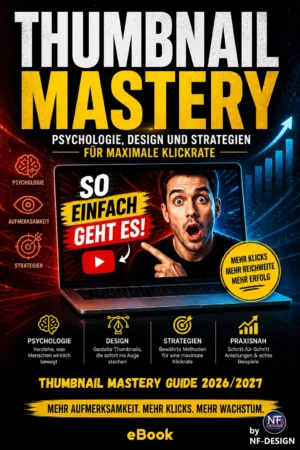 E-Book Cover Thumbnail Mastery DS24 in 1024×1536 mit weißem Text, gelbem Schriftzug, überraschtem Mann auf Laptop-Screen und