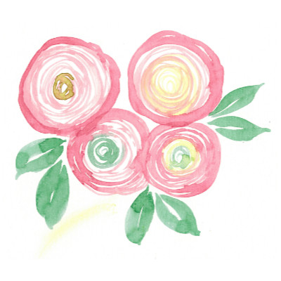 Aquarell-Icon vier Rosa Ranunkeln mit grünen Blättern und gelben Zentren