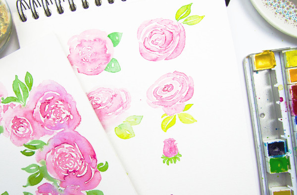 Aquarell Rosen-Kurs Landingpage mit mehreren rosa Rosen und Aquarellpalette