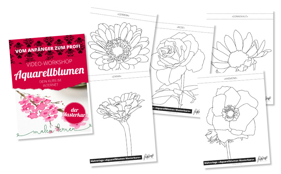 Aquarellkurs Vorlagen mit Buch-Cover und fünf Bleistiftzeichnungen verschiedener Blüten zum Ausmalen