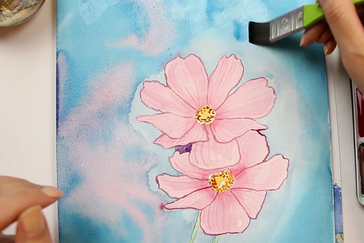 Zwei rosafarbene Cosmos-Blüten mit gelbem Zentrum auf blauem Aquarellhintergrund, eine davon noch in Arbeit