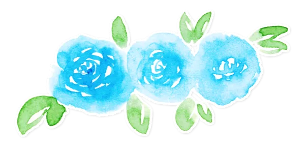 Aquarell-Icon drei himmelblaue Rosen mit grünen Blättern