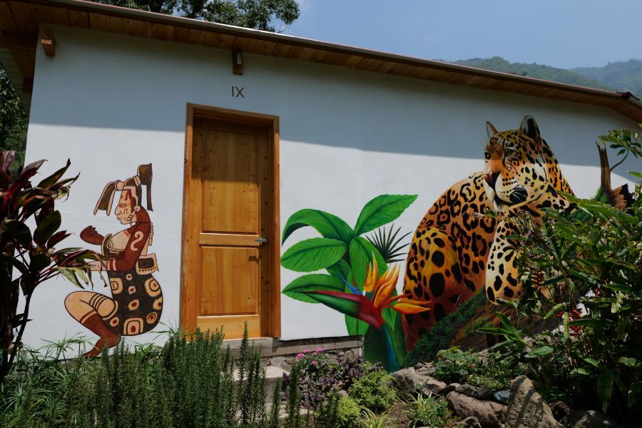 Weißes Haus mit bemalten Jaguaren und Maya-Motiven, Holztür, tropische Pflanzen