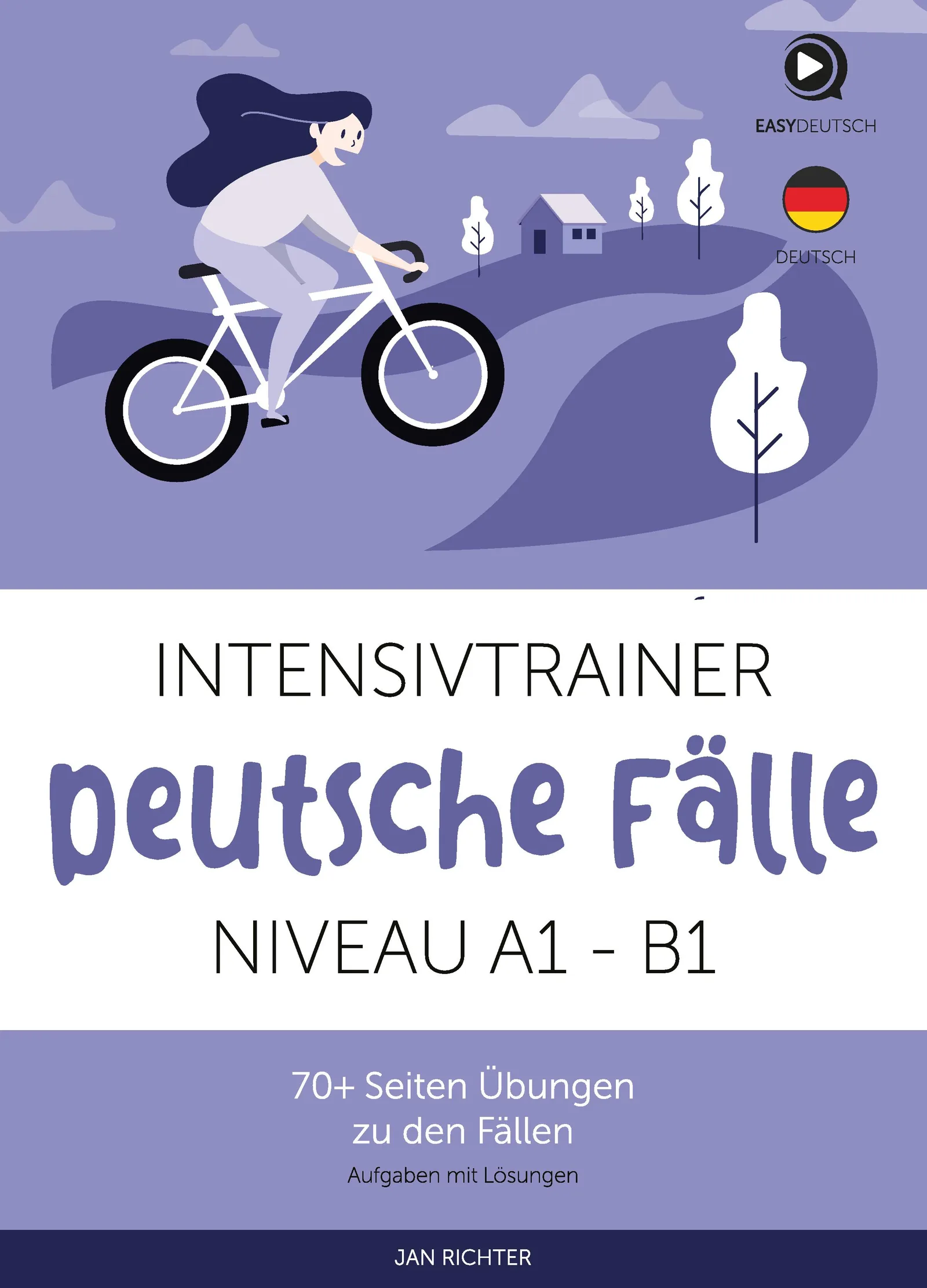 Intensivtrainer – Übungs-E-Book zur Grammatik von Jan Richter 1 Cover Intensivtrainer Deutsche Fälle mit Illustration einer Frau auf dem Fahrrad in Landschaft