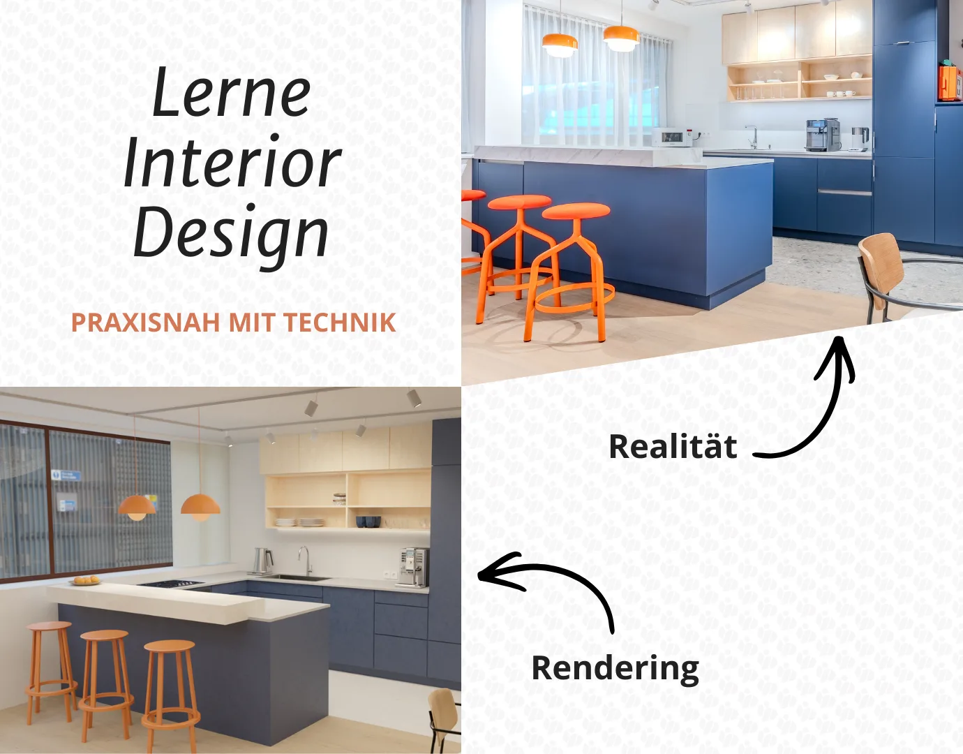 Interior Design Kurs Hero mit modernem Küchenraum, orange Stühlen und blauem Design