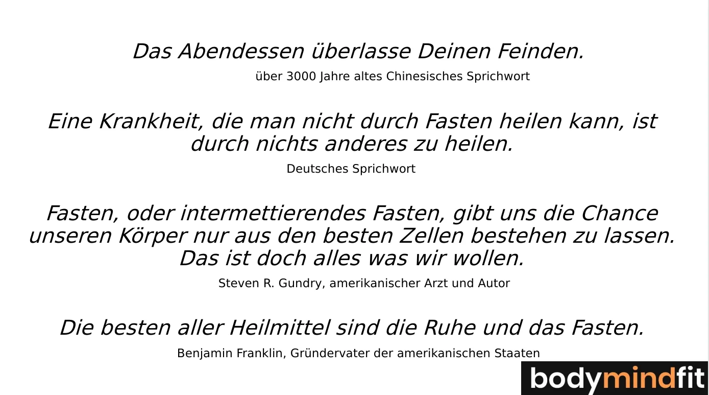 Zitate zum Thema Fasten von chinesischem Sprichwort, Benjamin Franklin und Steven Gundry