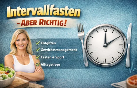 Hero-Banner für Intervallfasten-Kurs mit Frau, Uhr und Besteck