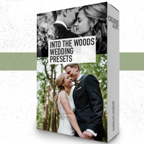 Into The Woods Wedding Presets Box-Mockup mit Hochzeitspaar-Foto und Grüntönen