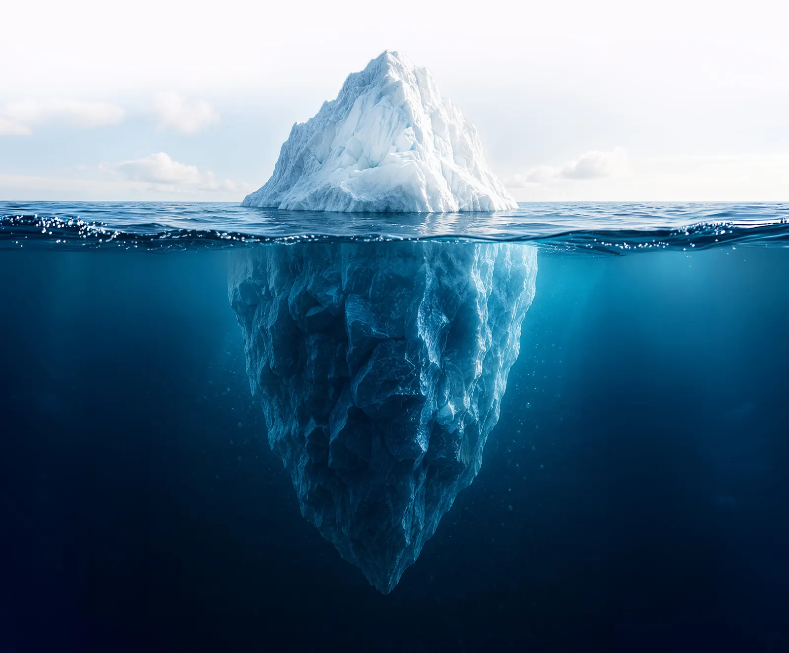 Eisberg mit sichtbarem Teil über und großem verborgenen Teil unter der Wasseroberfläche