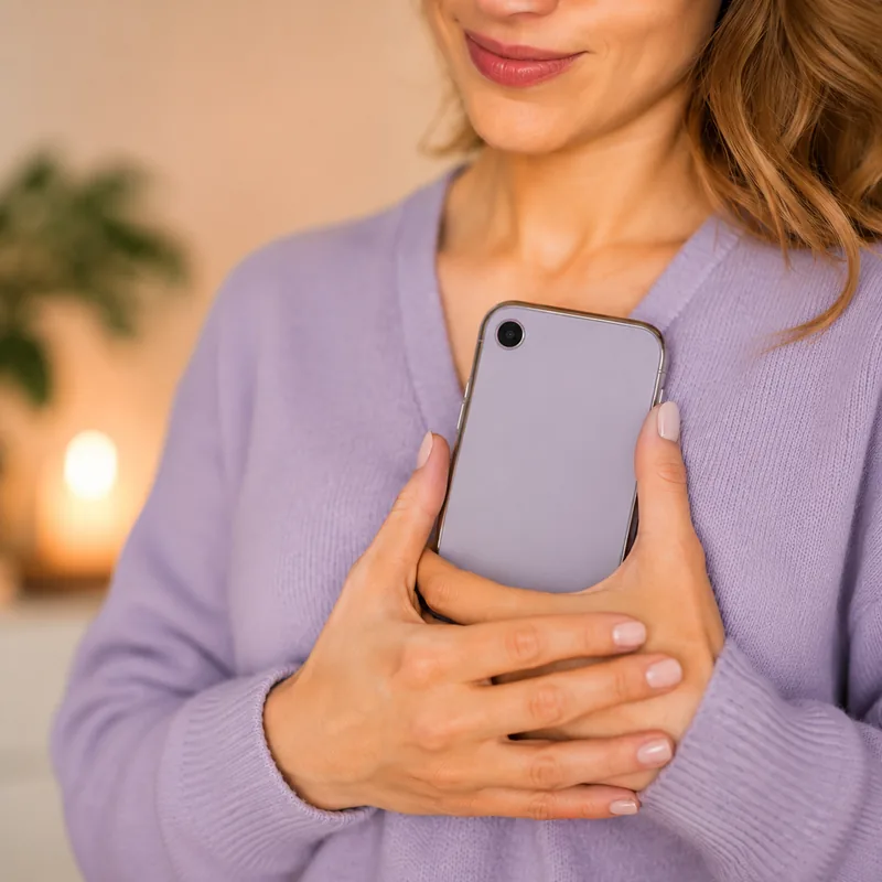 Frau hält Smartphone, trägt lila Pullover, Start der Coaching-Reise