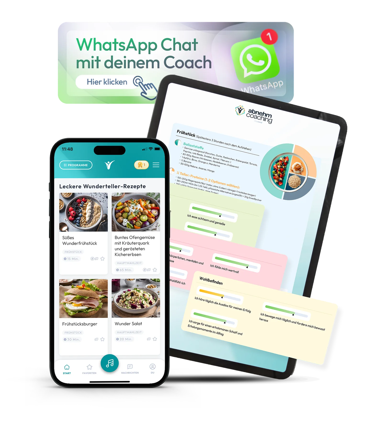 Smartphone- und Tablet-Mockup mit Rezepte, persönlichem Ernährungsplan und Coaching-Features der intumind-App