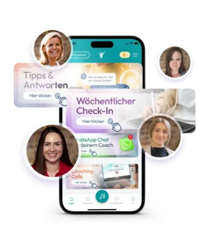 Smartphone-Mockup der Coaching-App mit Betreuungsfeatures: Tipps & Antworten, wöchentlicher Check-In, WhatsApp Chat, Coaching