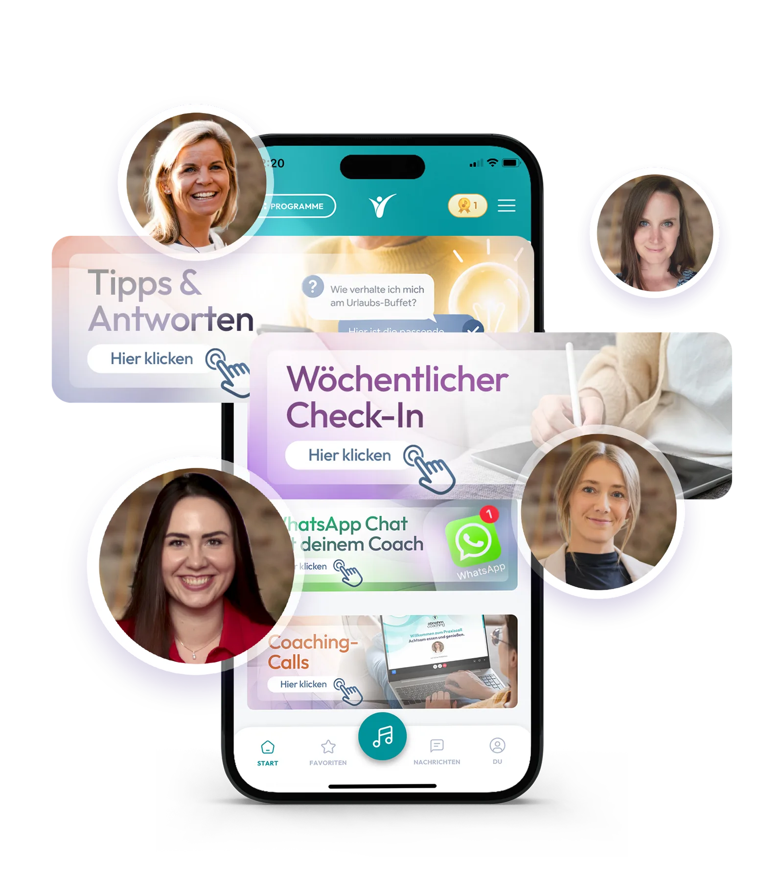 Smartphone-Mockup der Coaching-App mit Betreuungsfeatures: Tipps & Antworten, wöchentlicher Check-In, WhatsApp Chat, Coaching