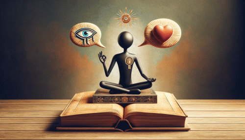 Meditativ sitzende Figur über aufgeschlagenem Buch mit Symbolen für Auge, Herz und Sonne