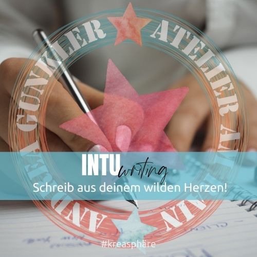 INTUwriting Journaling-Kurs Cover mit Schreibhand, rosa Stern und Text 'Schreib aus deinem wilden Herzen'