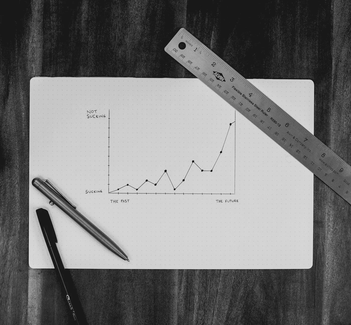 Skizze eines Graphen mit Beschriftung "Sucking" und "Not Sucking" auf weißem Notizbuch