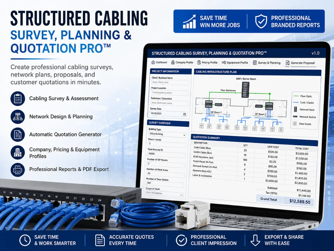 Structured Cabling Survey Planning & Quotation Pro Galerie-Screenshot mit Verkabelungsplan, Projektinformationen und Angebots