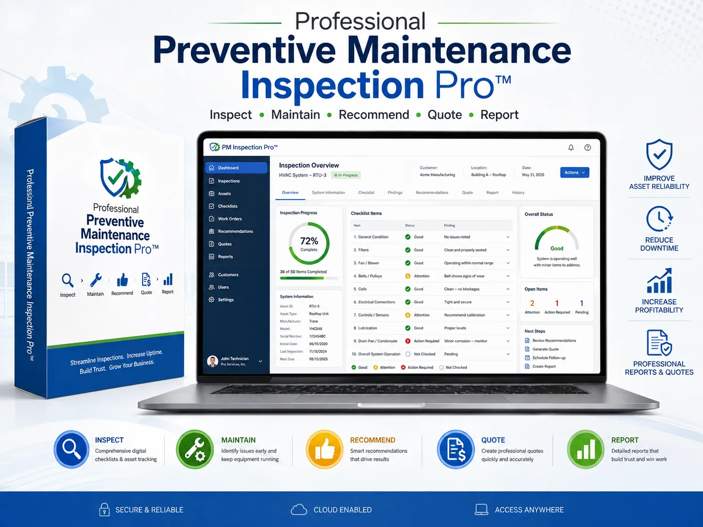 Professional Preventive Maintenance Inspection Pro Galerie-Screenshot mit Inspektions-Dashboard, Checklisten und Wartungs-Emp