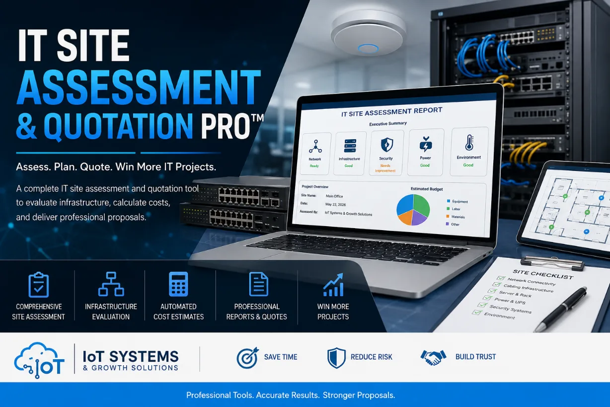 IT Site Assessment & Quotation Pro Hero-Grafik mit Laptop zeigt Assessment Report, Server-Rack und Netzwerk-Geräte
