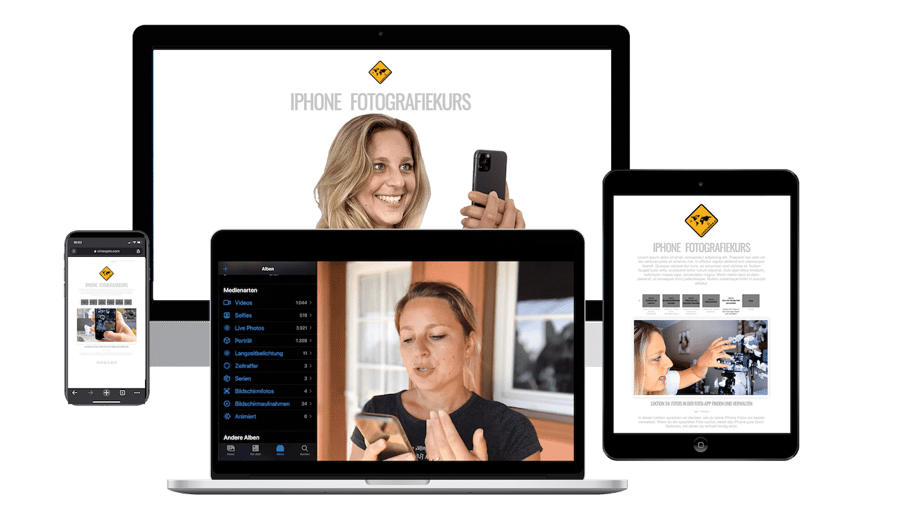iPhone Fotokurs Mockup auf mehreren Geräten mit Kursinhalten und weiblicher Fotografin