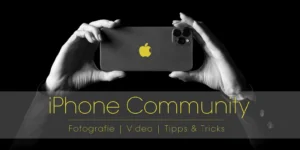 Hero-Banner iPhone Community mit Händen, die iPhone halten, gelber Apple-Logo und Text