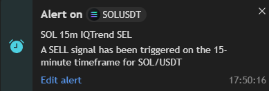 TradingView Alert-Benachrichtigung für SOLUSDT mit IQTrend SELL Signal