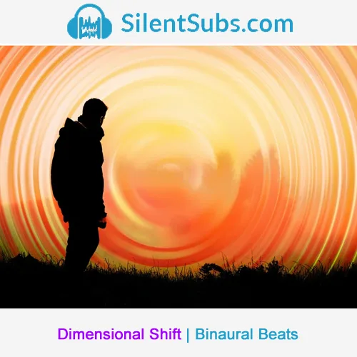 SilentSubs Cover mit abstrakten orangefarbenen Wirbeln und Silhouette – Dimensional Shift Binaural Beats