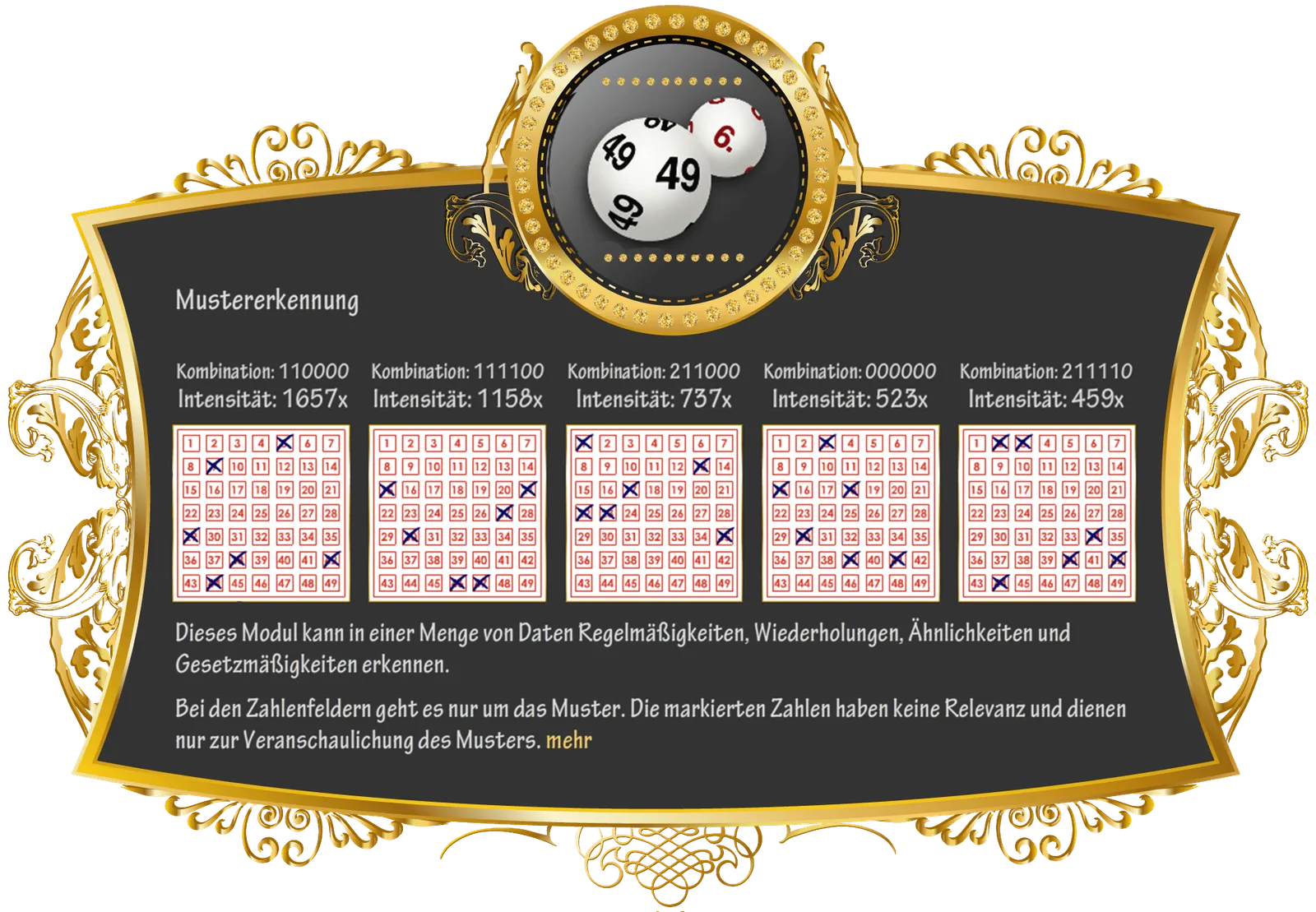 Mustererkennung Modul mit goldener Verzierung, fünf Zahlenfelder mit Kombinationen, Intensitätswerte und Kreuzmuster
