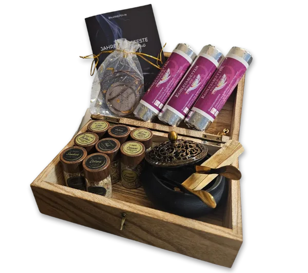 Jahreskreisfeste Räucherset in Holzbox mit Räucherkohletabletten, Räucherkräutern in Gläsern und Räucherstäbchen