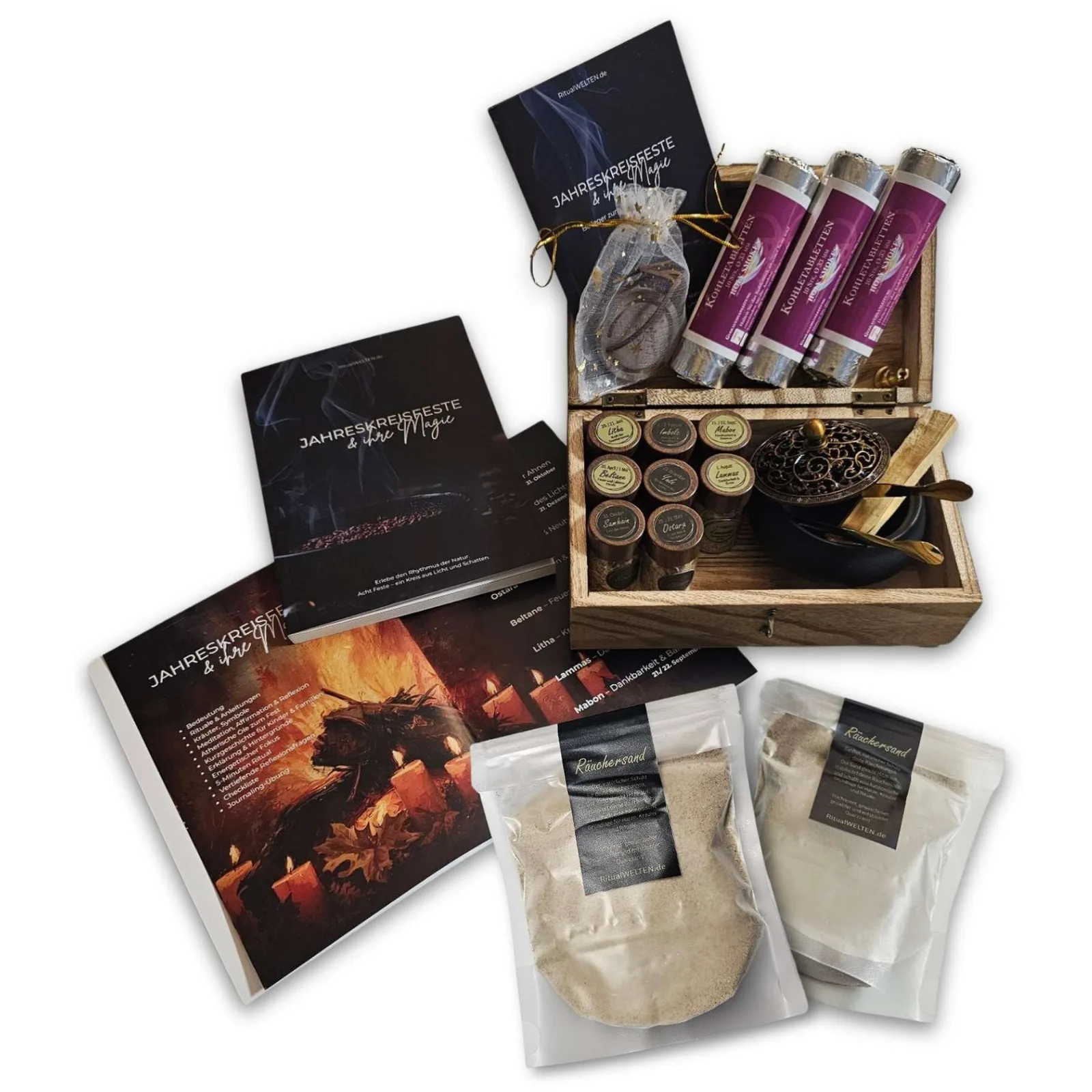 Jahreskreisfeste Räucherset in Holzbox mit Räucherkohle, Räucherkräutern, Räucherschale, Räucherstäbchen und Anleitung Bookle