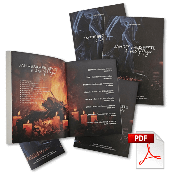 Jahreskreisfeste & ihre Magie eBook Produktabbildung mit PDF-Symbol und mehreren aufgefächerten Seiten