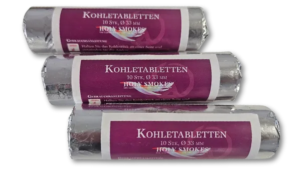 Drei Packungen Kohletabletten Holy Smoke à 10 Stück mit Durchmesser 0,33mm in violetten Kartonrollen