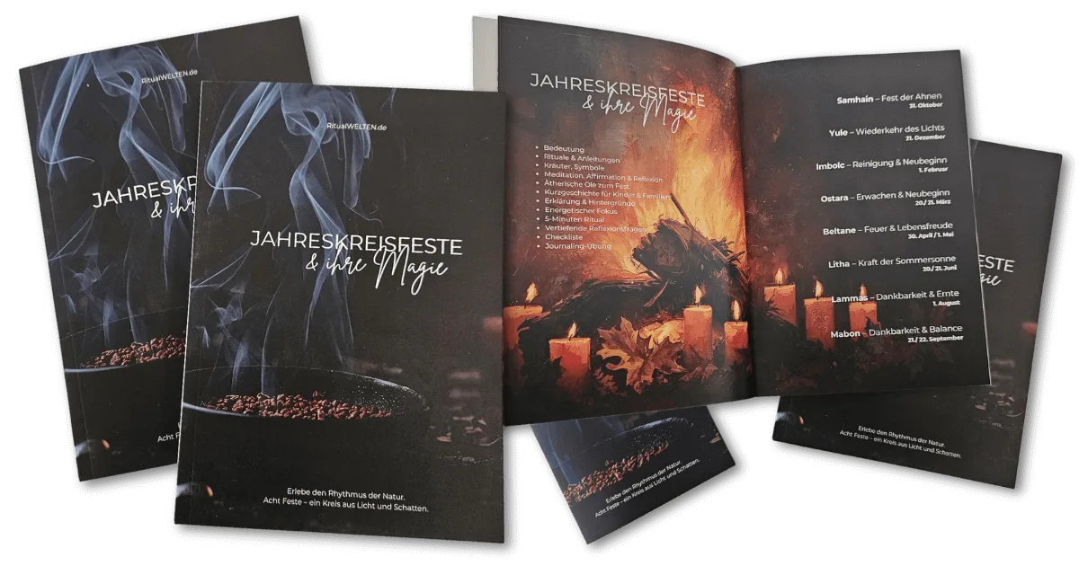 Jahreskreisfeste & ihre Magie eBook Workbook Ritualbuch Mockup mit mehreren aufgefächerten Buchseiten auf weißem Hintergrund