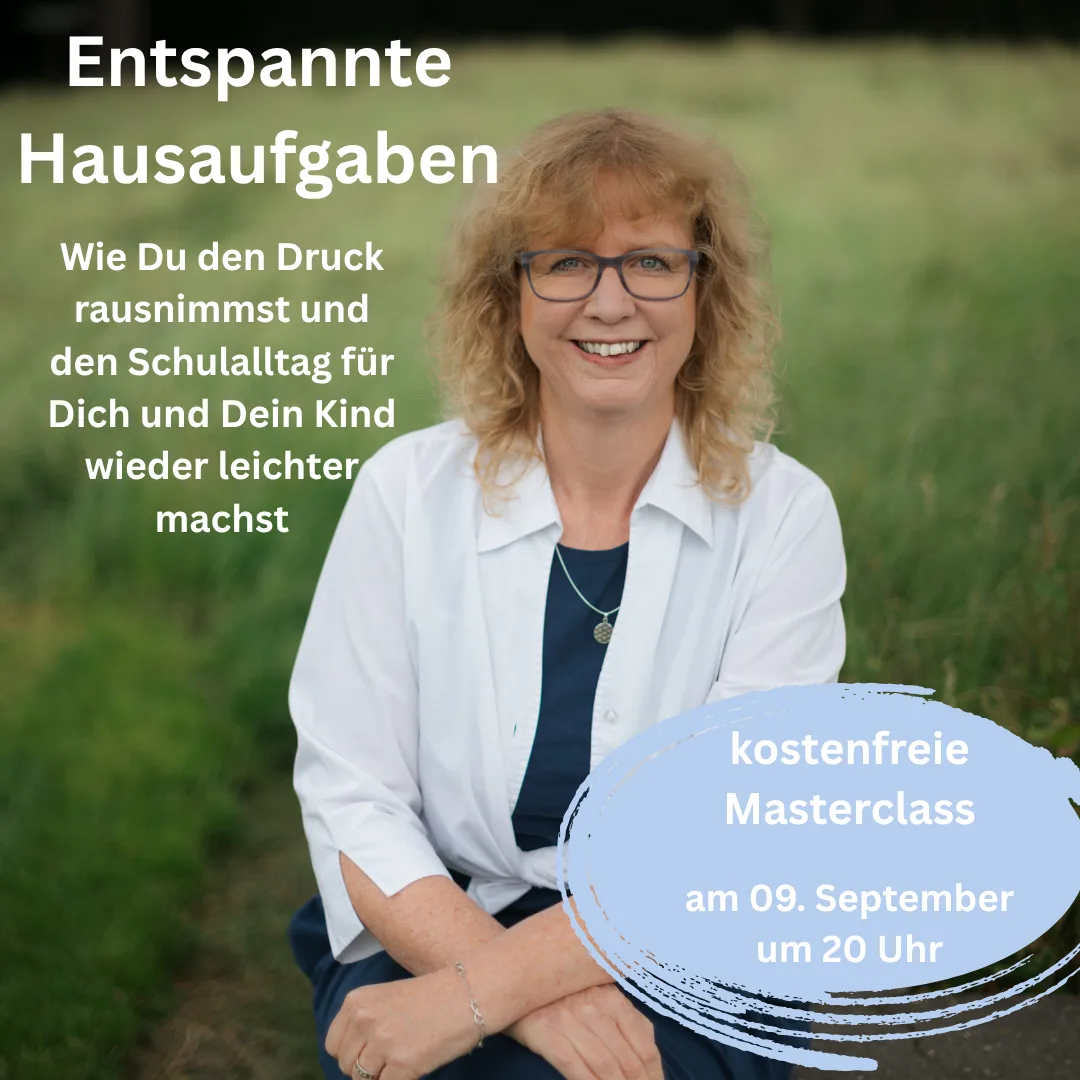 Marion Ridder vor grünem Hintergrund mit Text zu entspannten Hausaufgaben-Masterclass