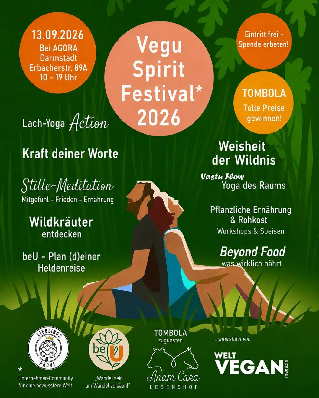 Vegu Spirit Festival 2026 Plakat mit grünem Hintergrund, Yoga-Figur und Veranstaltungsdetails
