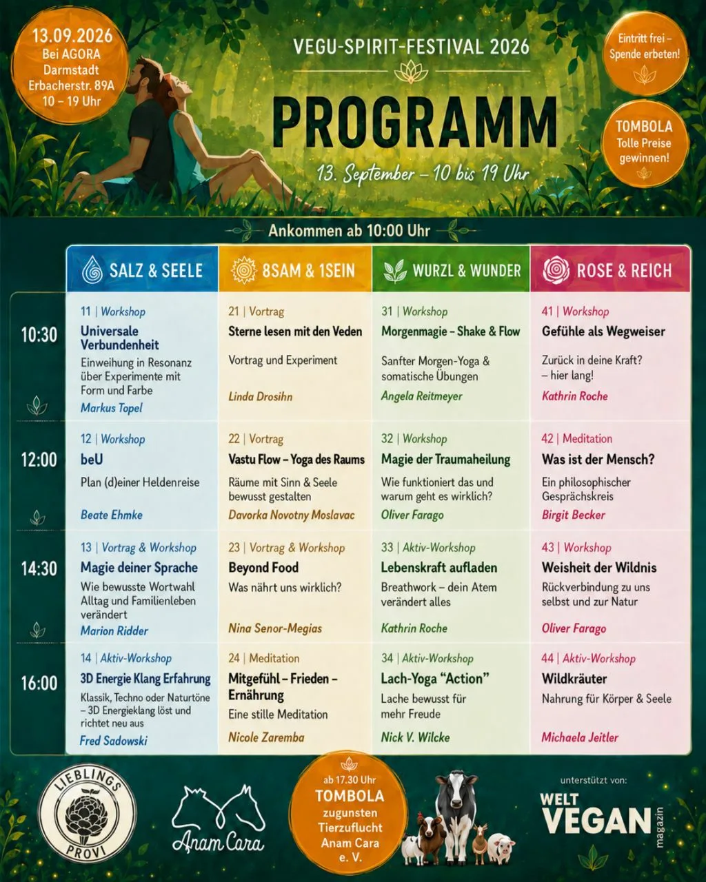 Detailliertes Tagesprogramm des Vegu Spirit Festival 2026 mit vier Workshop-Tracks