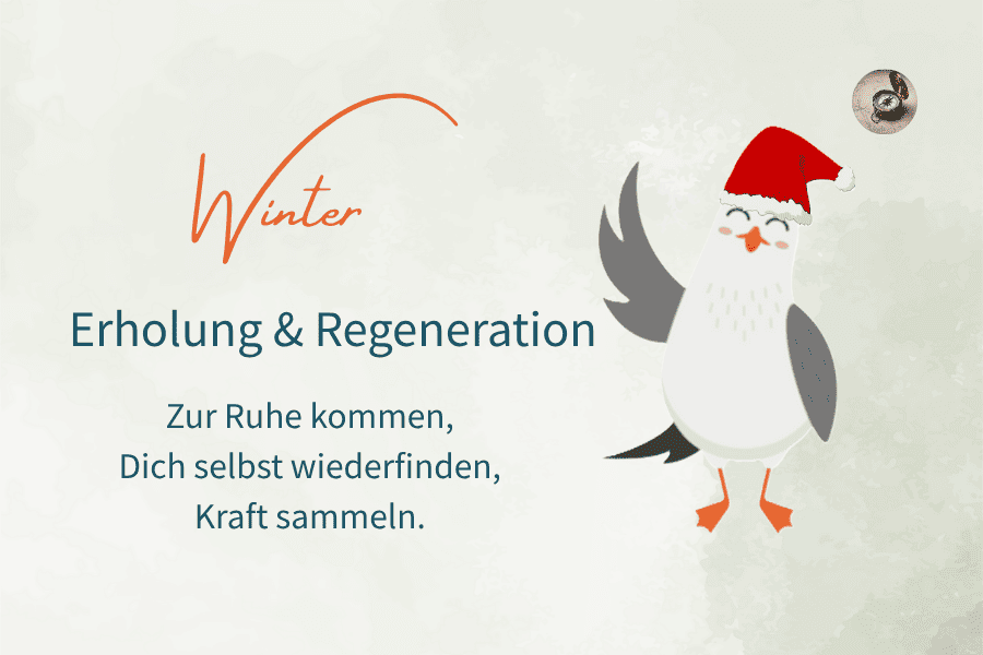 Jahresuhr der Persönlichkeitsentwicklung – Jahres-Coaching 5 Winter - Erholung & Regeneration mit weißer Möwe in rotem Weihnachtshut auf beigem Hintergrund