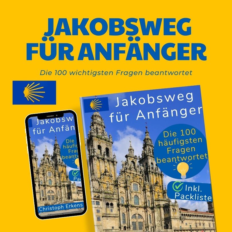 Jakobsweg für Anfänger Marketing-Mockup mit Buch und Smartphone auf gelbem Hintergrund