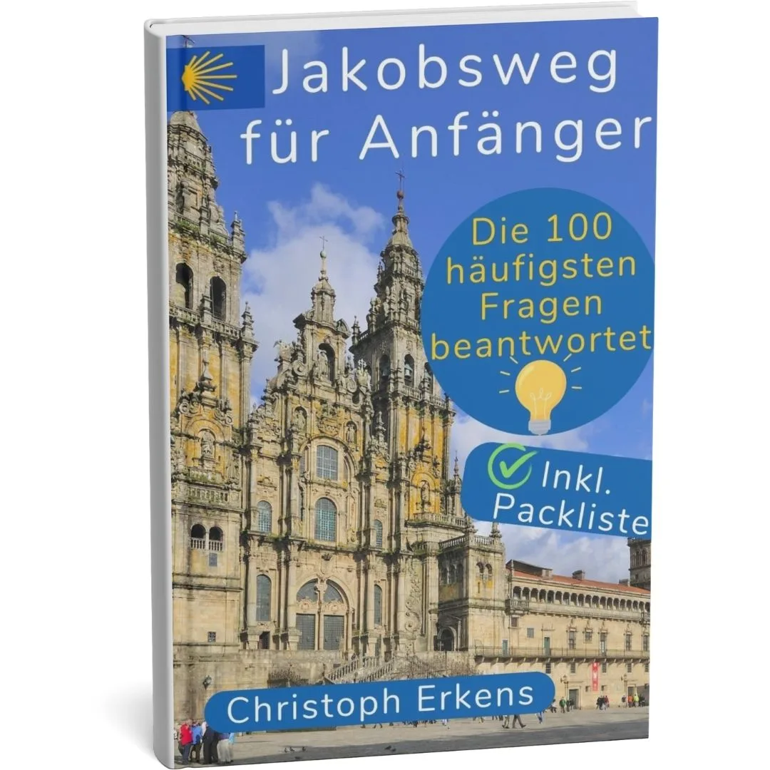Jakobsweg für Anfänger Taschenbuch-Cover mit gotischer Kathedrale und gelbem Muschel-Logo